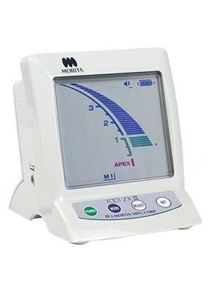 Close-up of a sleek, modern apex locator device for dental use, showcasing its digital display and compact design.