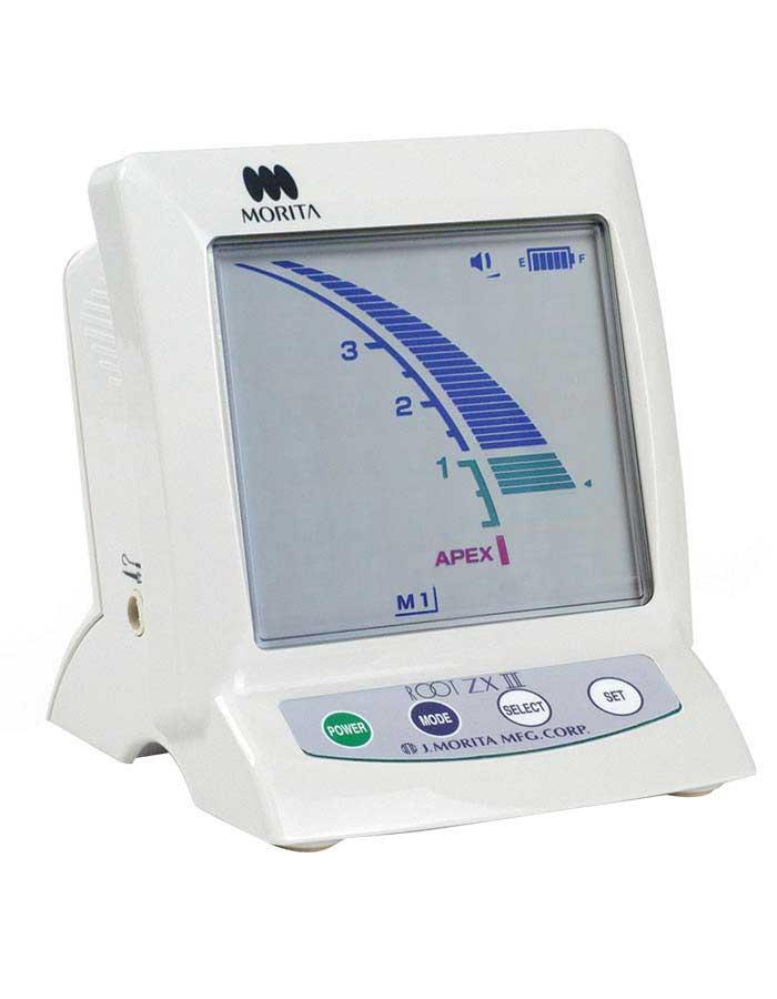 Close-up of an Apex Locator device with digital display and probe, used for precise dental root canal measurements.