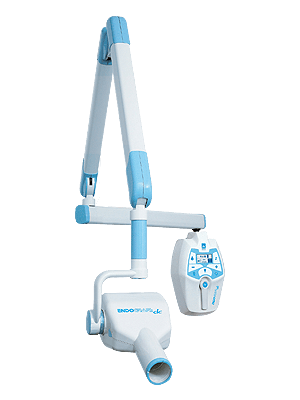 Intraoral X-ray machine showing a compact design, with a digital display and imaging unit for dental diagnostics