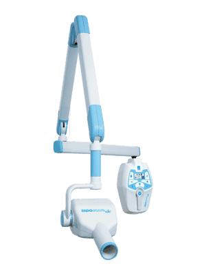 Intraoral X-ray machine showing a compact design, with a digital display and imaging unit for dental diagnostics