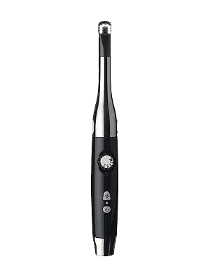 Close-up of a modern intraoral camera, featuring a sleek design and compact size for dental procedures.