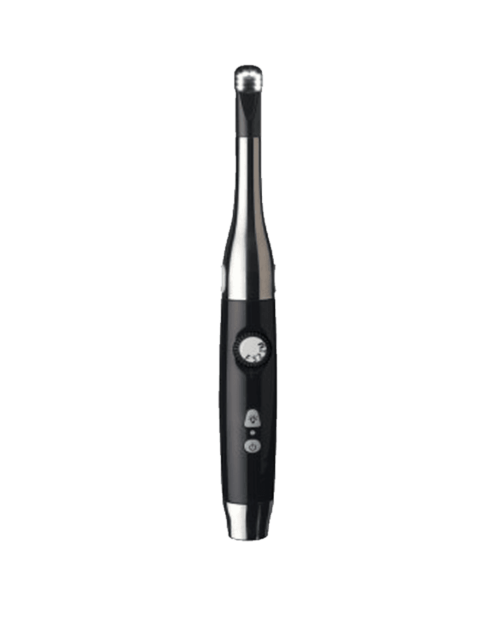 Close-up of a modern intraoral camera, featuring a sleek design and compact size for dental procedures.