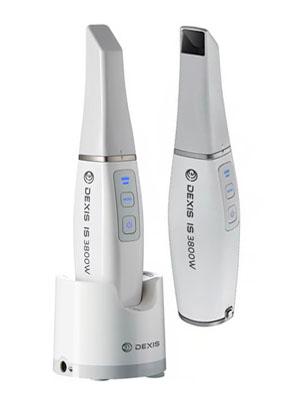 Close-up view of the IS 3800 W intraoral scanner, showcasing its sleek, ergonomic design for dental scanning.