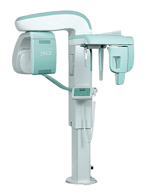 Close-up of a panoramic X-ray machine showcasing its control panel and imaging area, used for comprehensive dental diagnostics.