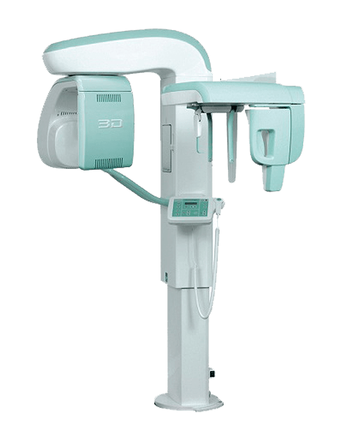 Close-up of a panoramic X-ray machine, showing detailed dental imaging equipment and its control panel.