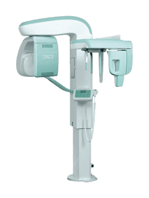 Close-up of a panoramic X-ray machine showcasing its control panel and imaging area, used for comprehensive dental diagnostics.