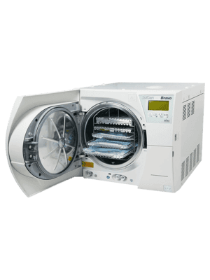 Image of a dental sterilizer with a sleek, modern design, used for sterilizing dental tools and equipment.